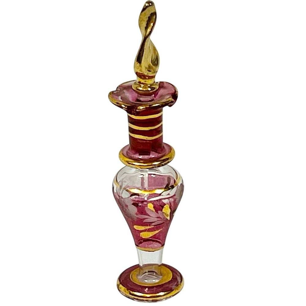 Vintage Egyptian Hand Blown Glass Perfume Bottle 4 In Pink Gold
